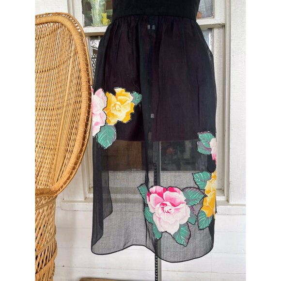 Vintage 1950s Black Organza Floral Applique Half Apron - Picture 10 of 10